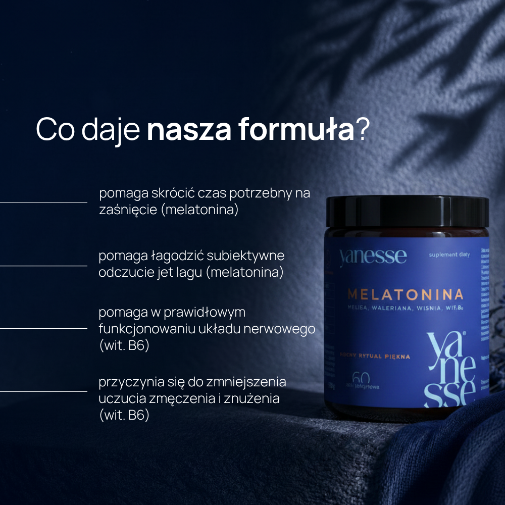 Yanesse® Melatonina: żelki z melatoniną, melisą, walerianą, cierpką wiśnią i witaminą B6
