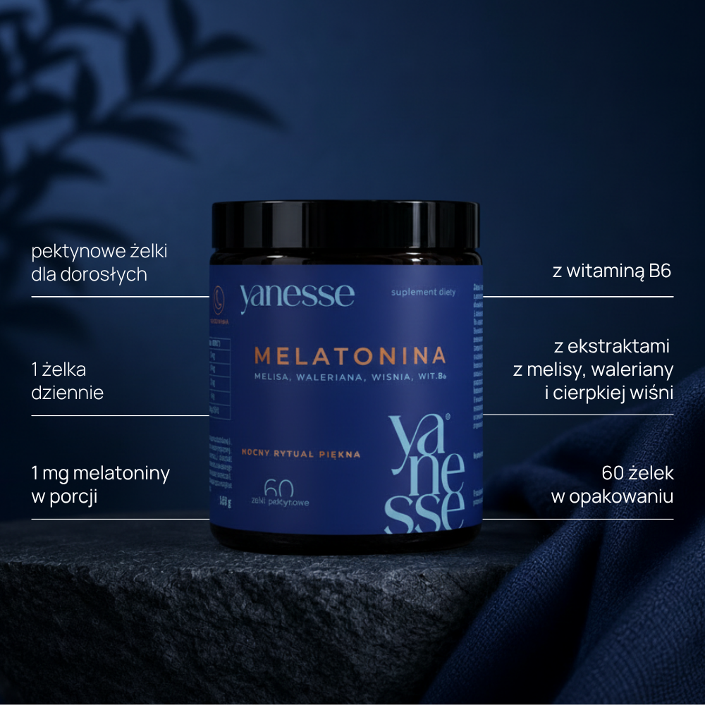 Yanesse® Melatonina: żelki z melatoniną, melisą, walerianą, cierpką wiśnią i witaminą B6
